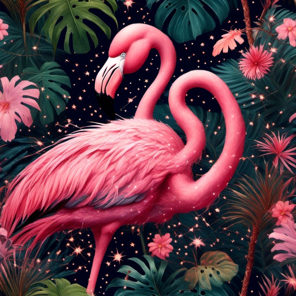 Flamingo in Starry Jungle, Van Gogh Style
