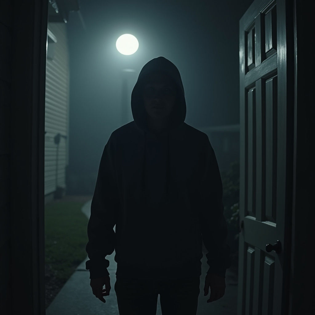 Eerie Hooded Figure at Suburban Home Entrance