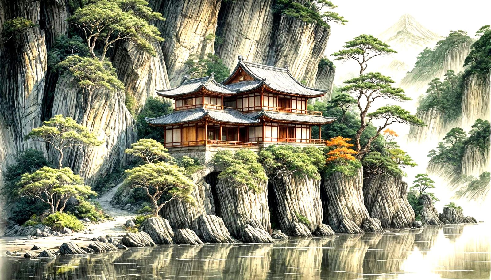 Cliffside Teahouse in Sumi-e Style