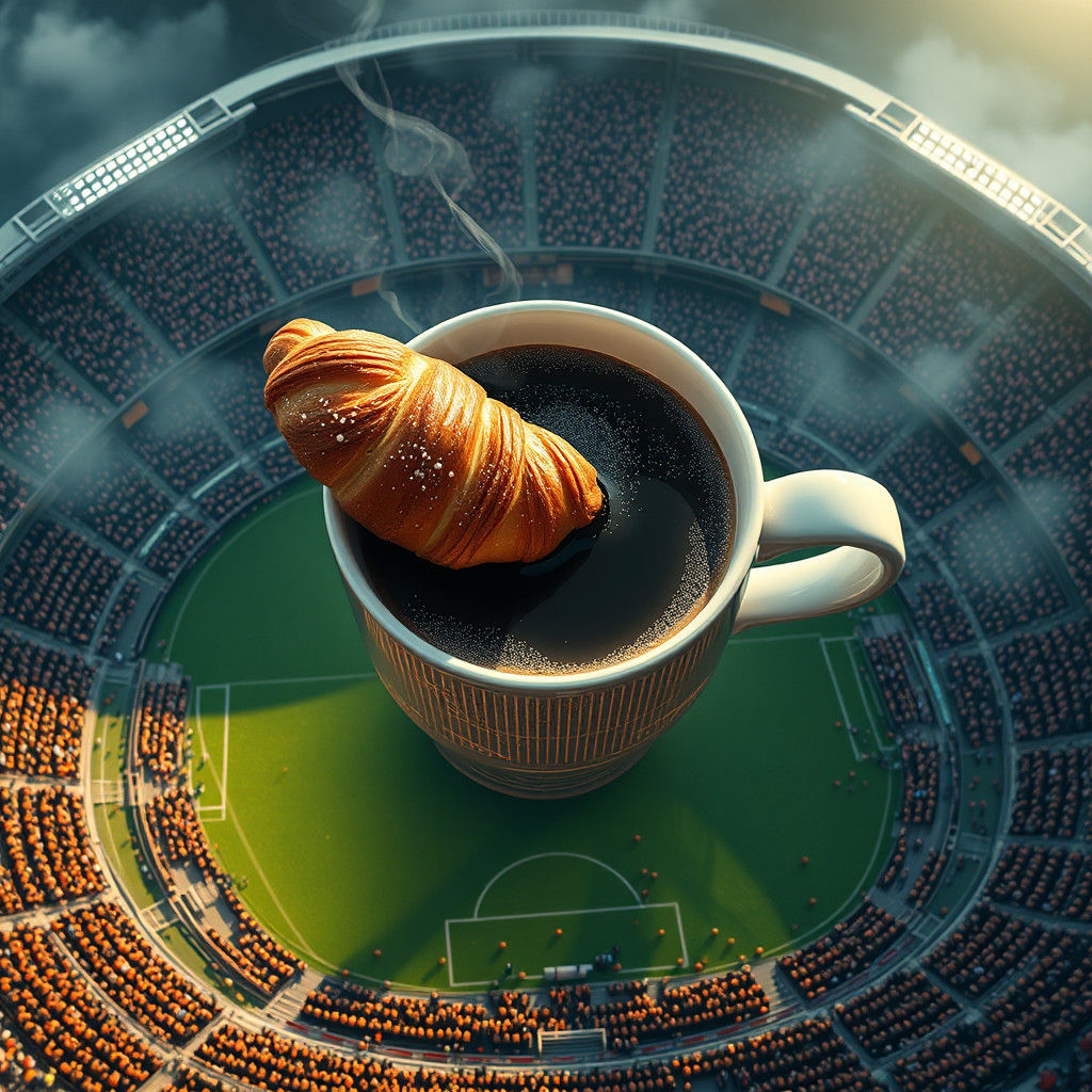 eagle eye view of Giant A cup of coffee and croissant with a...