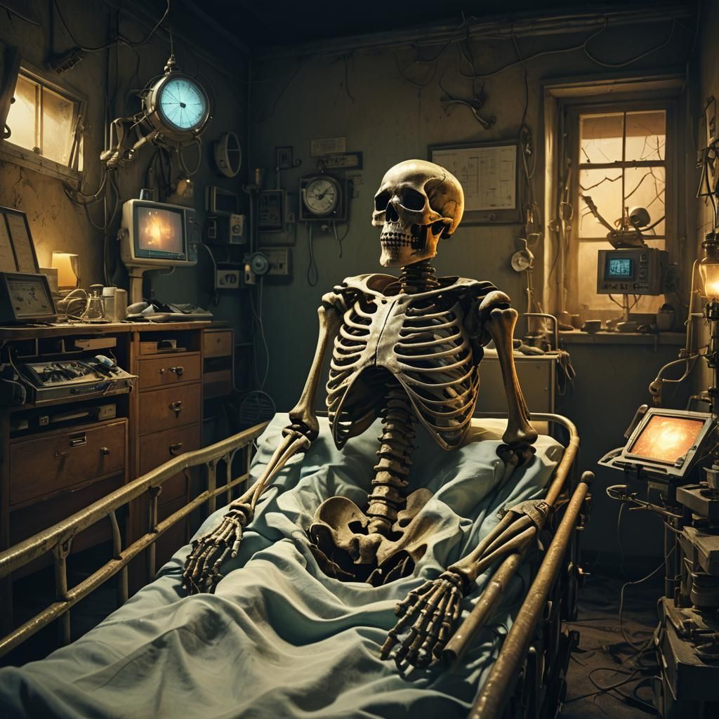Skeleton in Hospital Bed: Dark Fantasy Surrealism