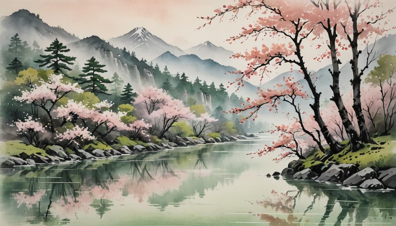 Tranquil Cherry Blossom River in Japanese Ink Wash Style