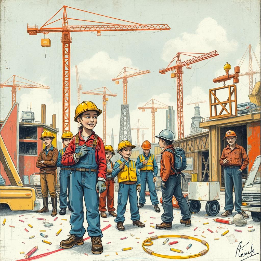 Whimsical Construction Site in Crayon Style