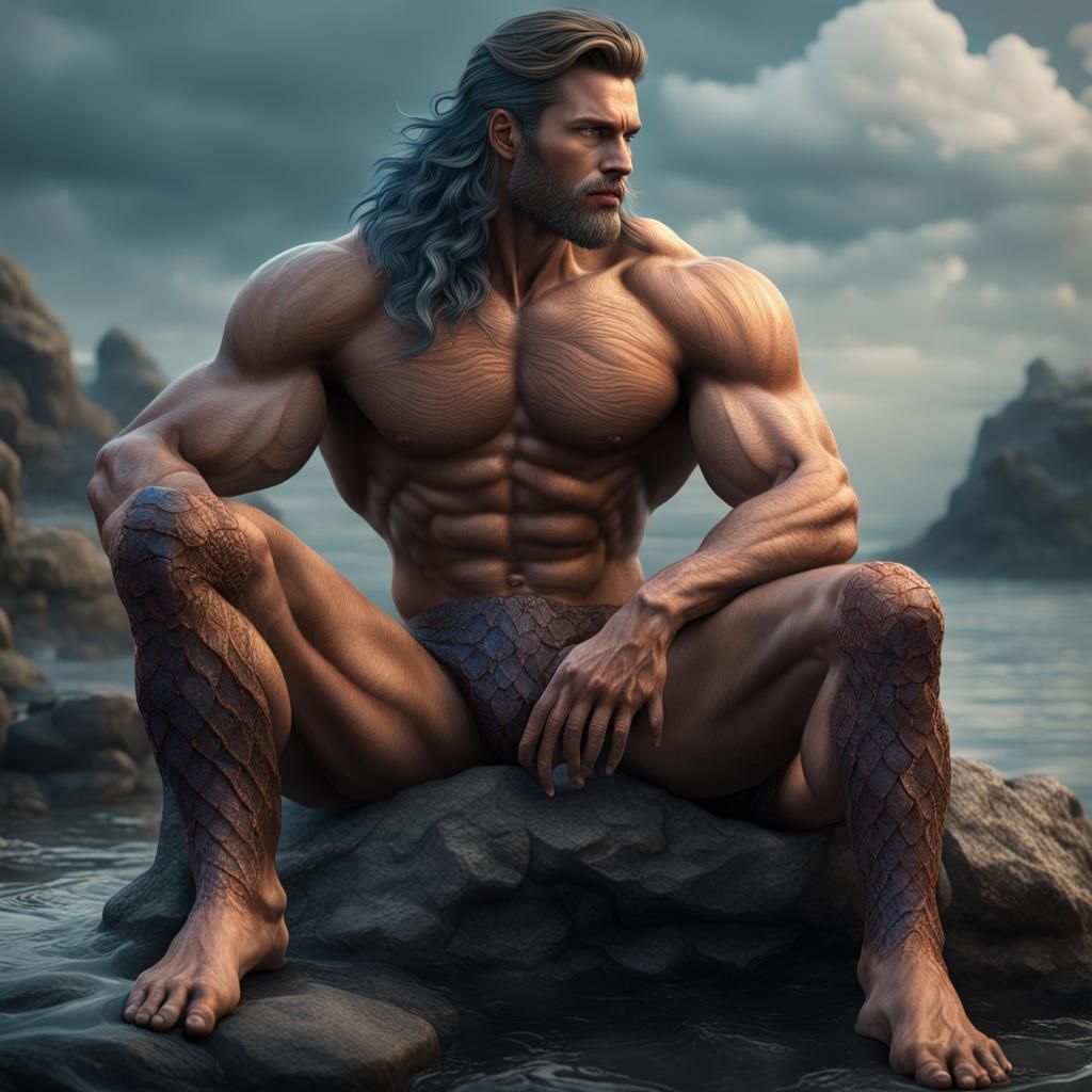 Hyperrealistic Muscular Merman on a Rock