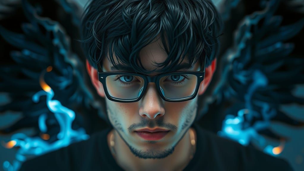 Mysterious Figure Enveloped in Dark Wings and Fiery Embers