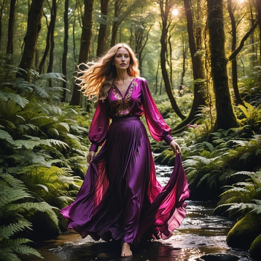Woman Walks Barefoot Through Forest Sunlight