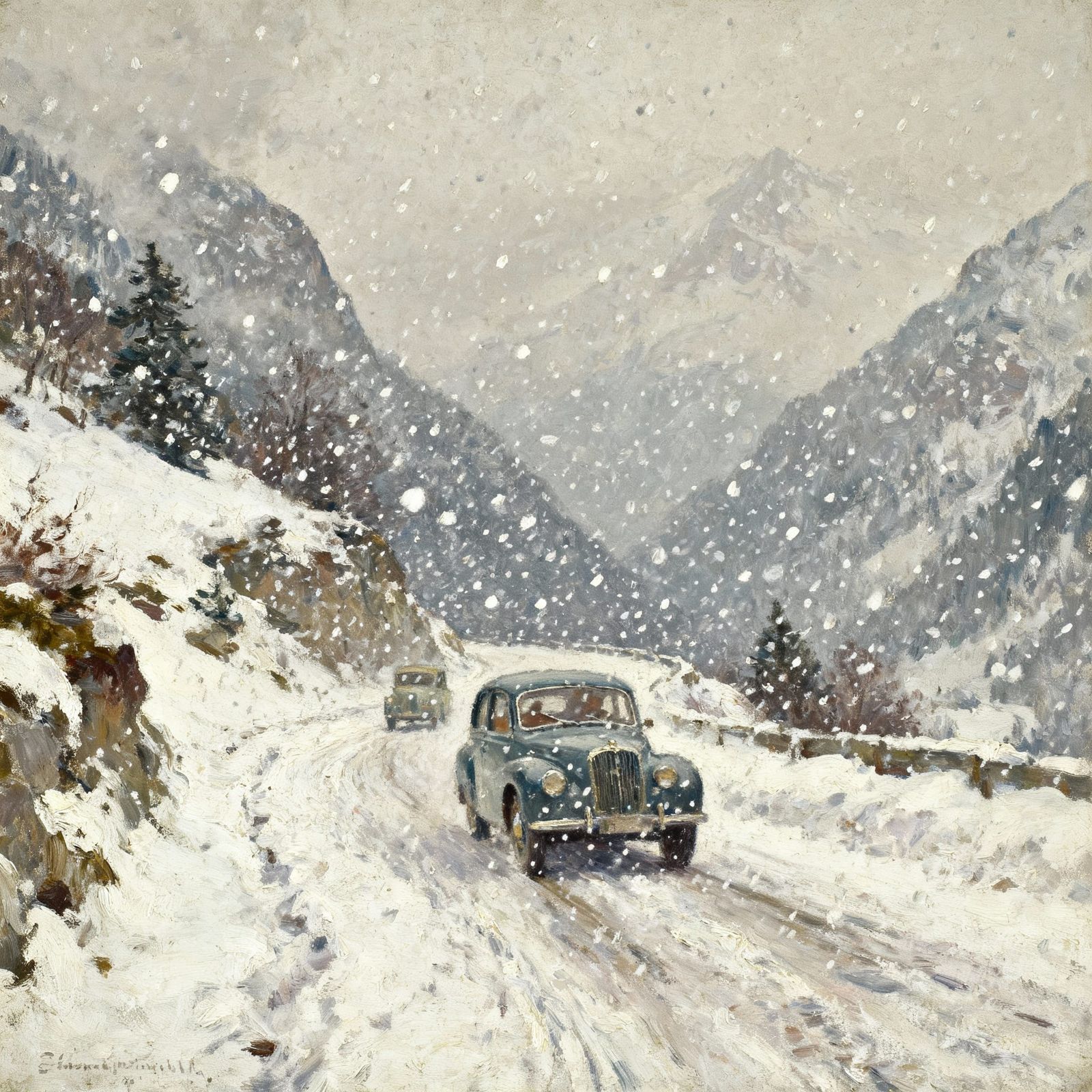 1960s Cars in French Alps Snowstorm Oil Painting