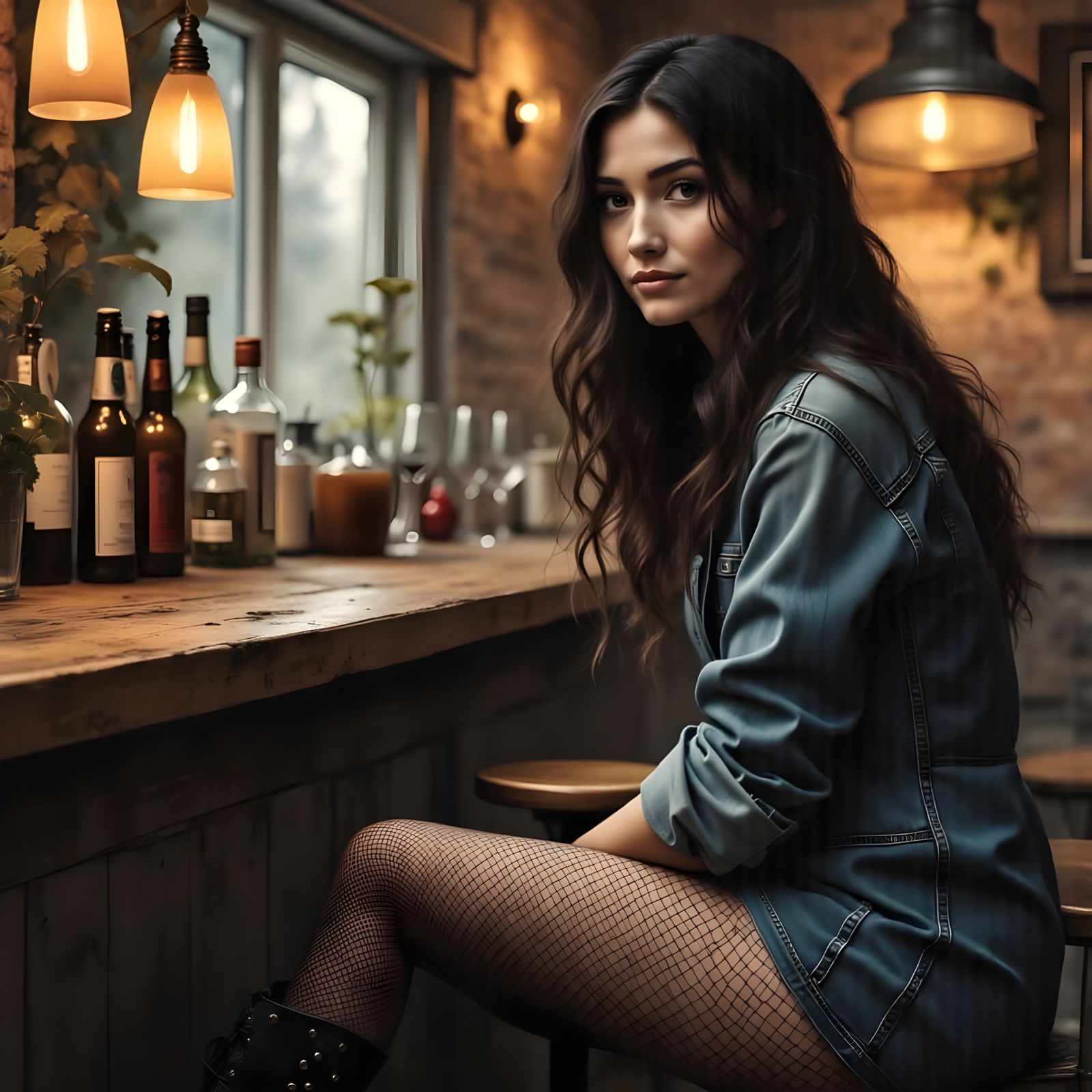 Russian Woman in Woodsy Pub, Smiling with Rugged Style