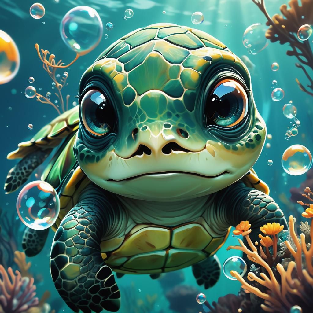 Chibi Sea Turtle in Underwater Kelp Forest