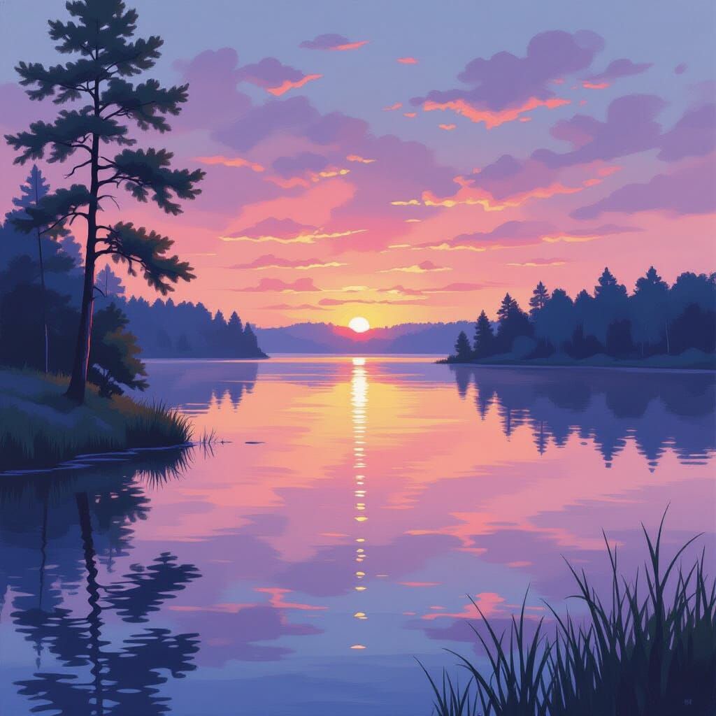 Serene Lake at Dawn in Maximalist Impressionist Style