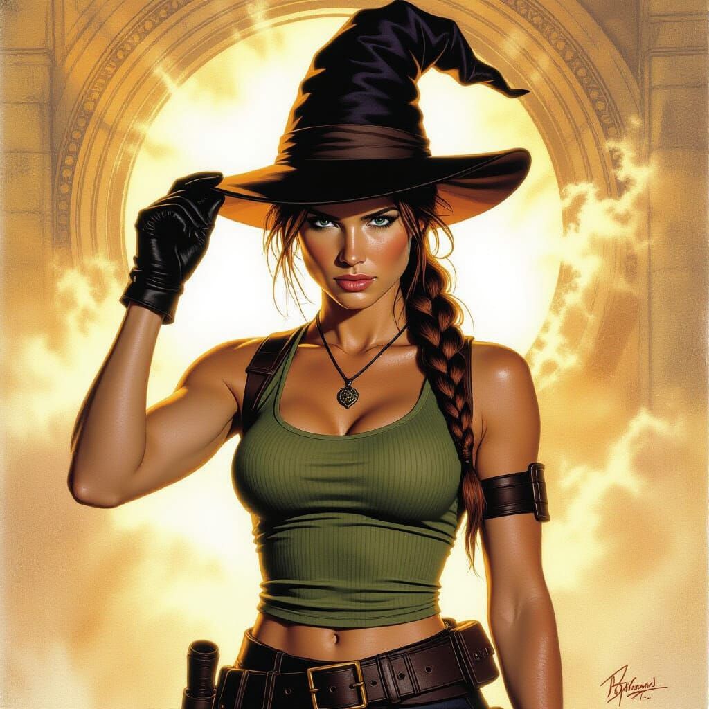 Lara Croft with Sorting Hat In Adventure Poster Style