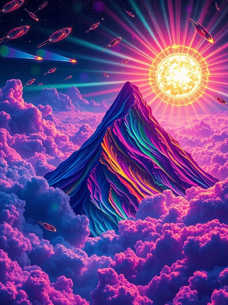 Hyper-Vibrant, Rainbow-Hued Mountain in Cosmic, Psychedelic ...