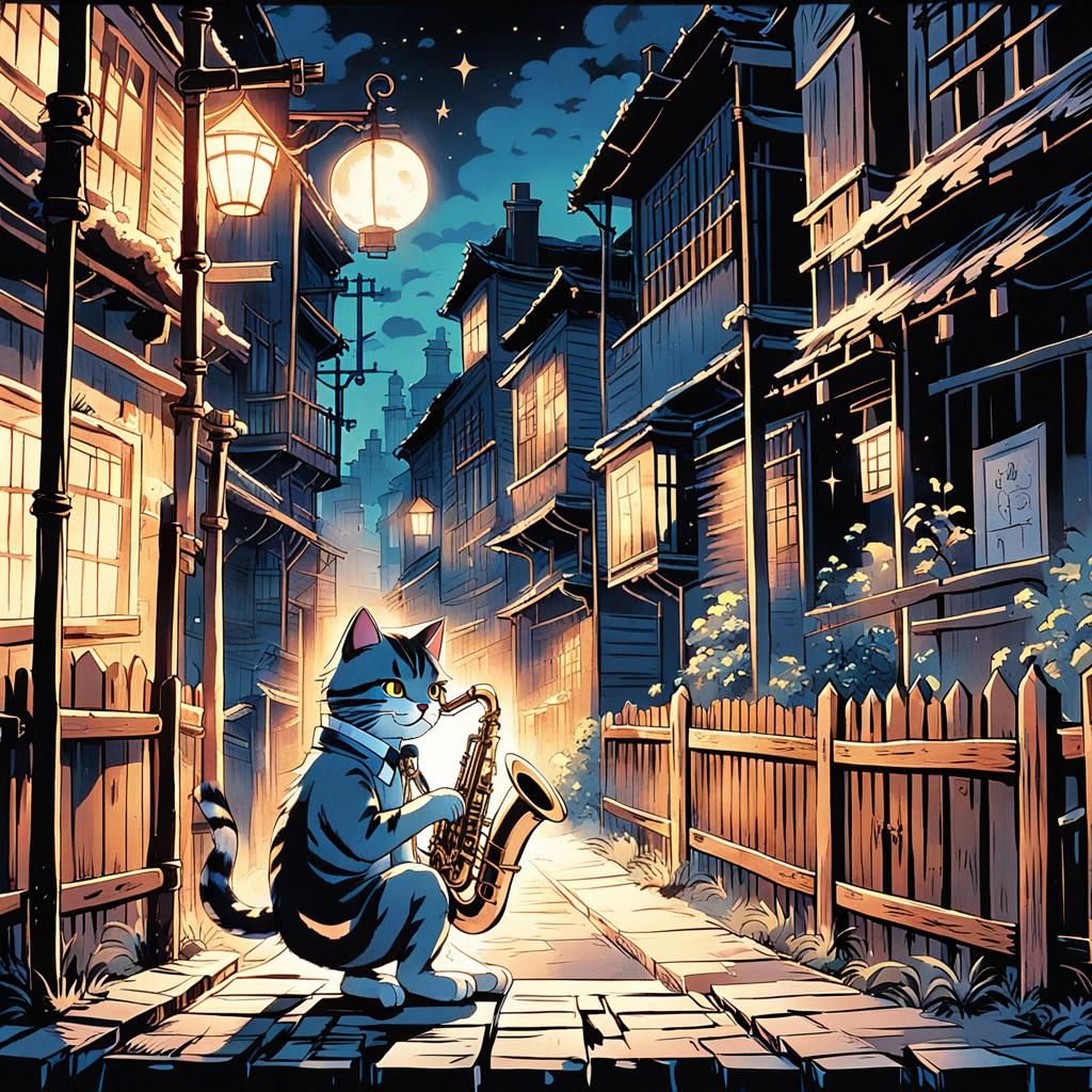 Cats Play Saxophone in Urban Alley: Manga Illustration