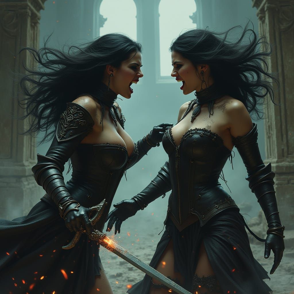 Savage Vampire Catfight in Dark Gothic Castle