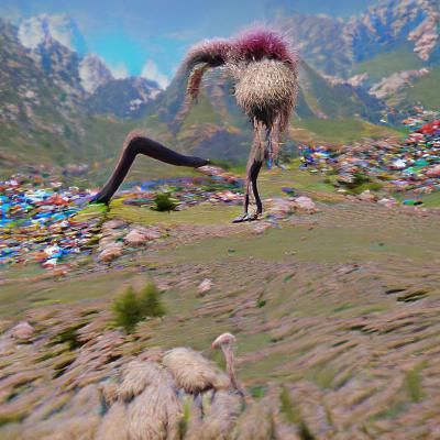 Human-Ostrich Hybrid in Mountainous Landscape