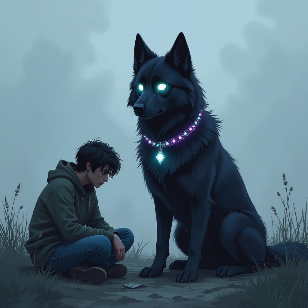 Djinn Dog Comforts Sad Man in Cyberpunk Style