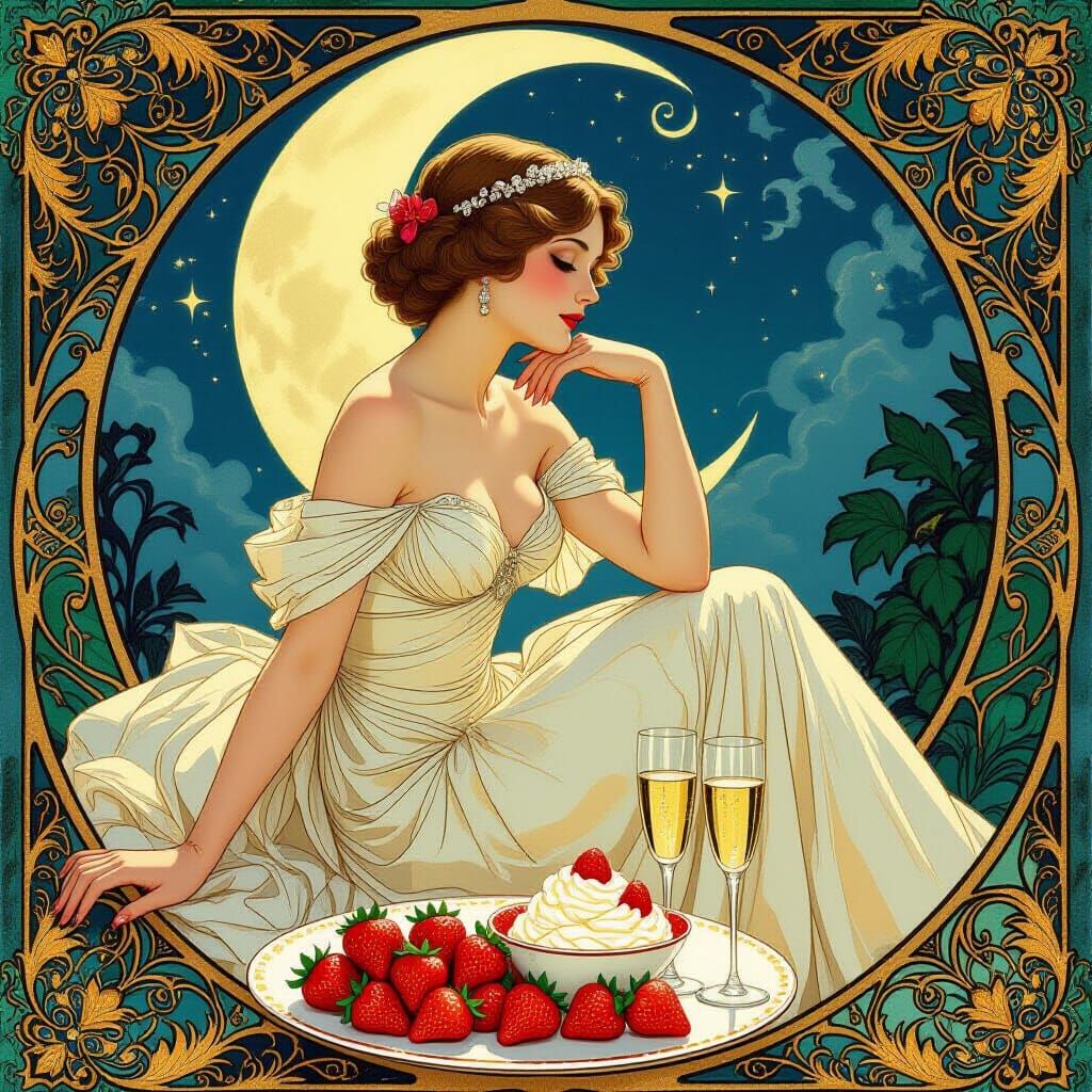 Elegant Woman's Moonlight Picnic in Art Nouveau Style
