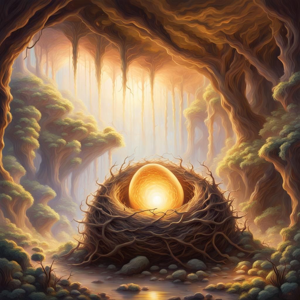 Dragon Egg in Mystic Cave: Ethereal Oil Painting