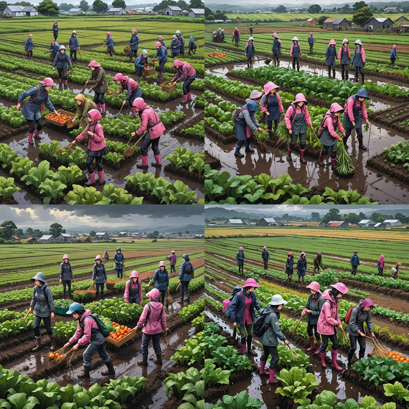 Anime Girls Harvest Vegetables on Flooded Farm