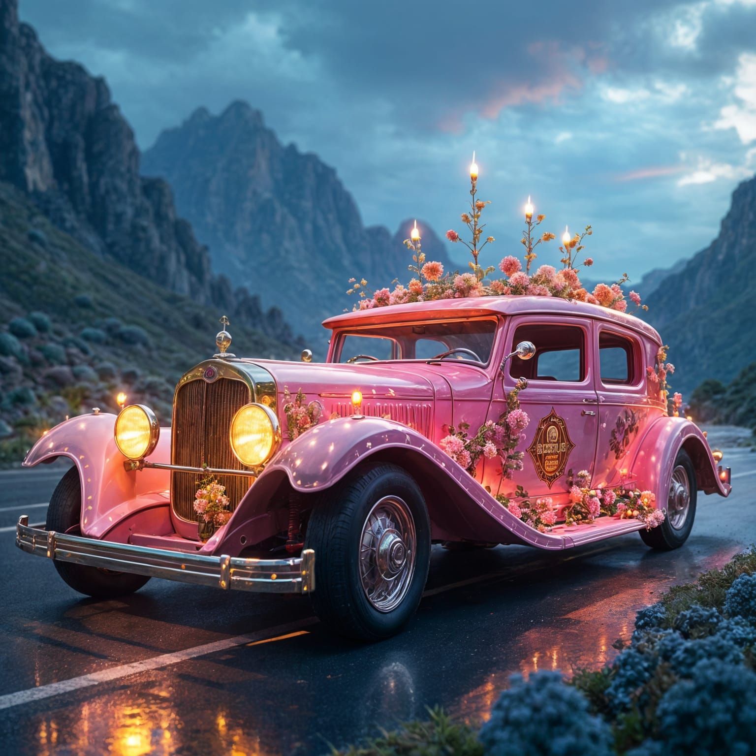 Surreal Pink 1920s Car with Floral Art