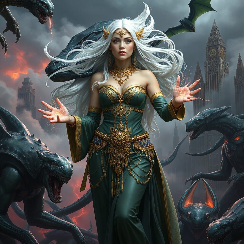 Cyberpunk Sorceress in a Cloudy City