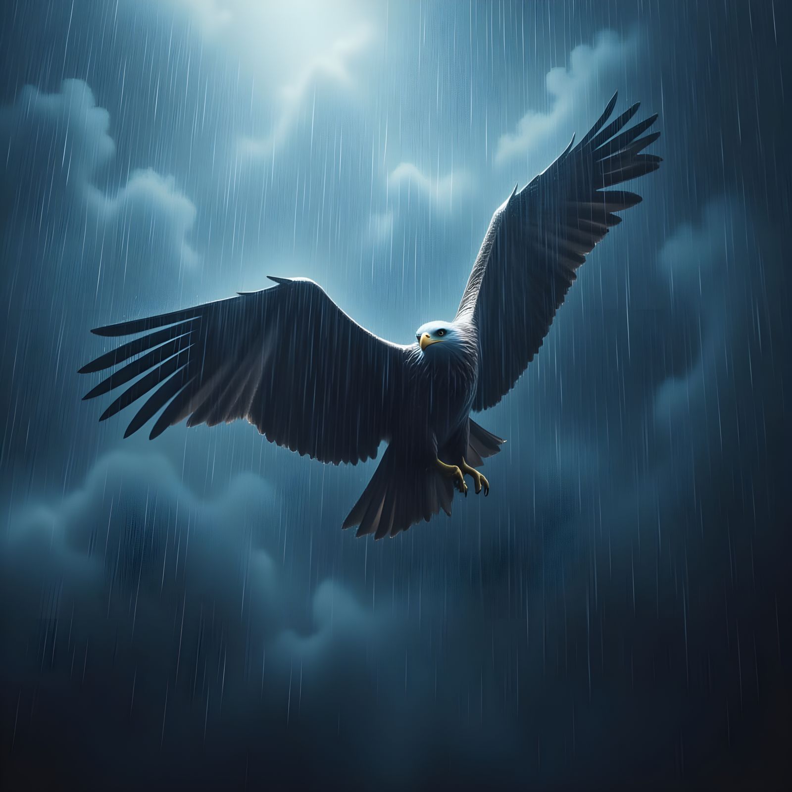 Eagle Soars Through Storm Towards Clear Sky