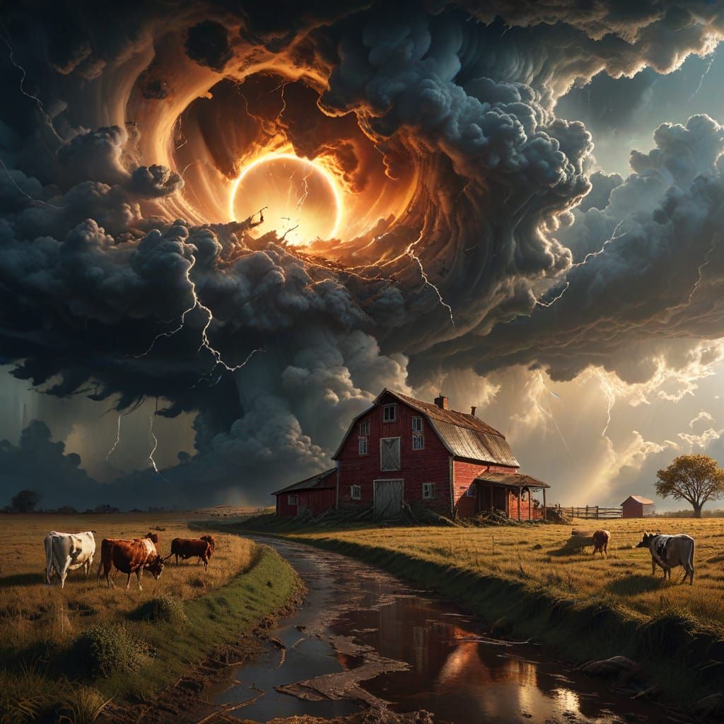 Surreal Tornado Devastates Rural Farm in Dreamlike Scene