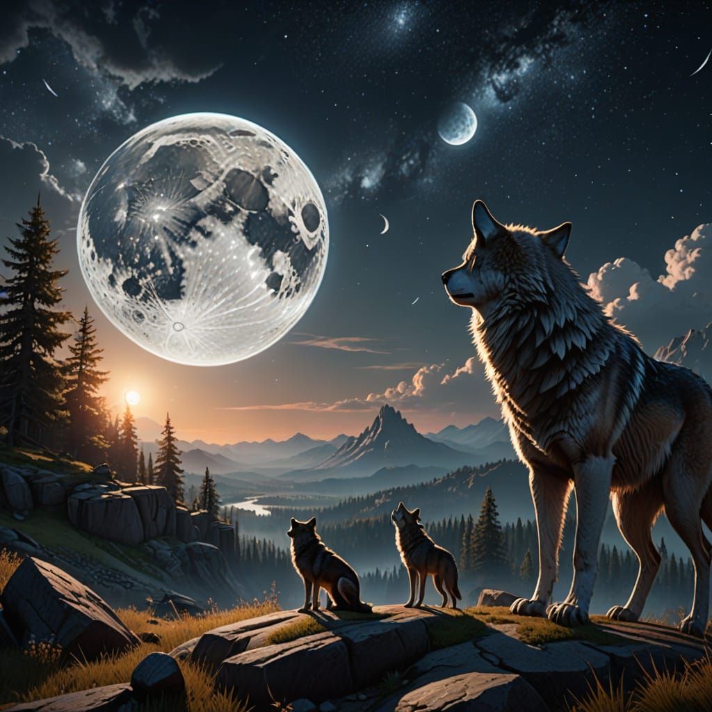 Majestic Wolf Howling at Moon in Celestial Scene