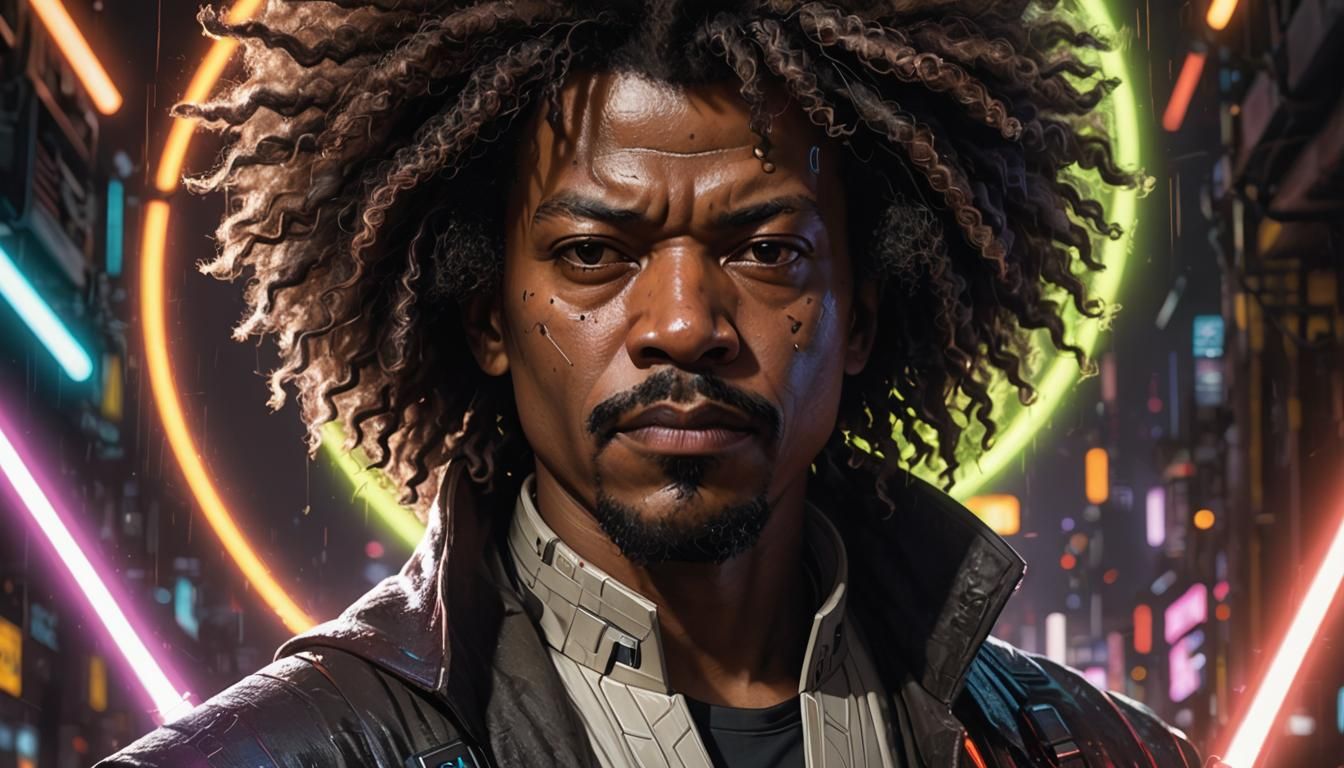 Cyberpunk Jedi Master in Neon Noir Style