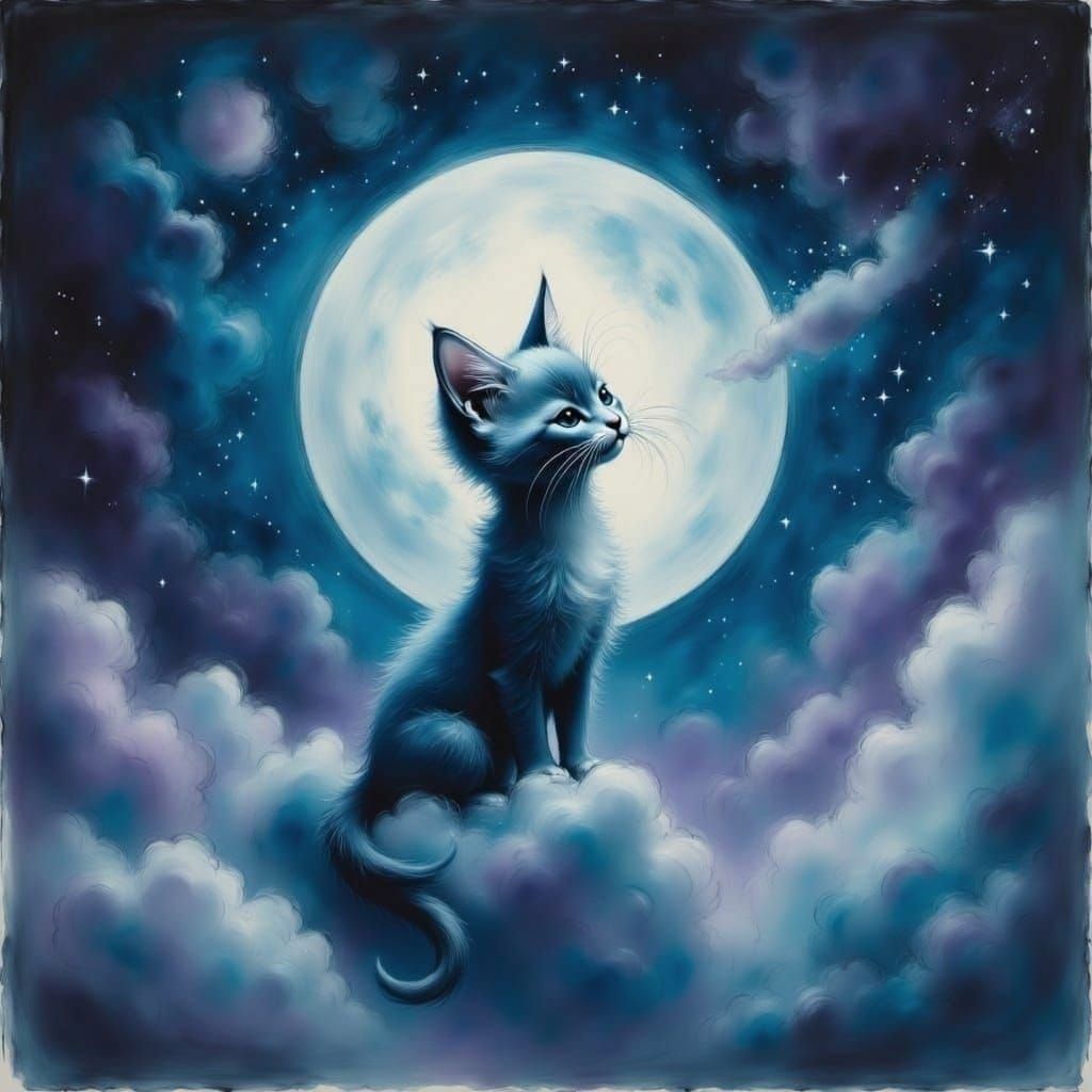 Kitten on a Cloud Gazing at the Stars