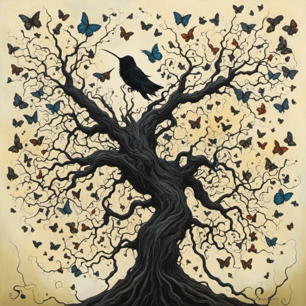 Hummingbird on Metal Tree with Twisted Ink Effects