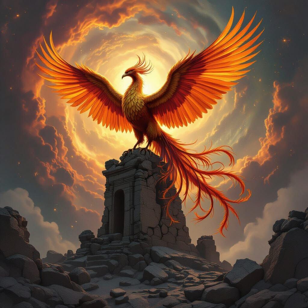 Fiery Phoenix Perched Atop Ancient Ruins