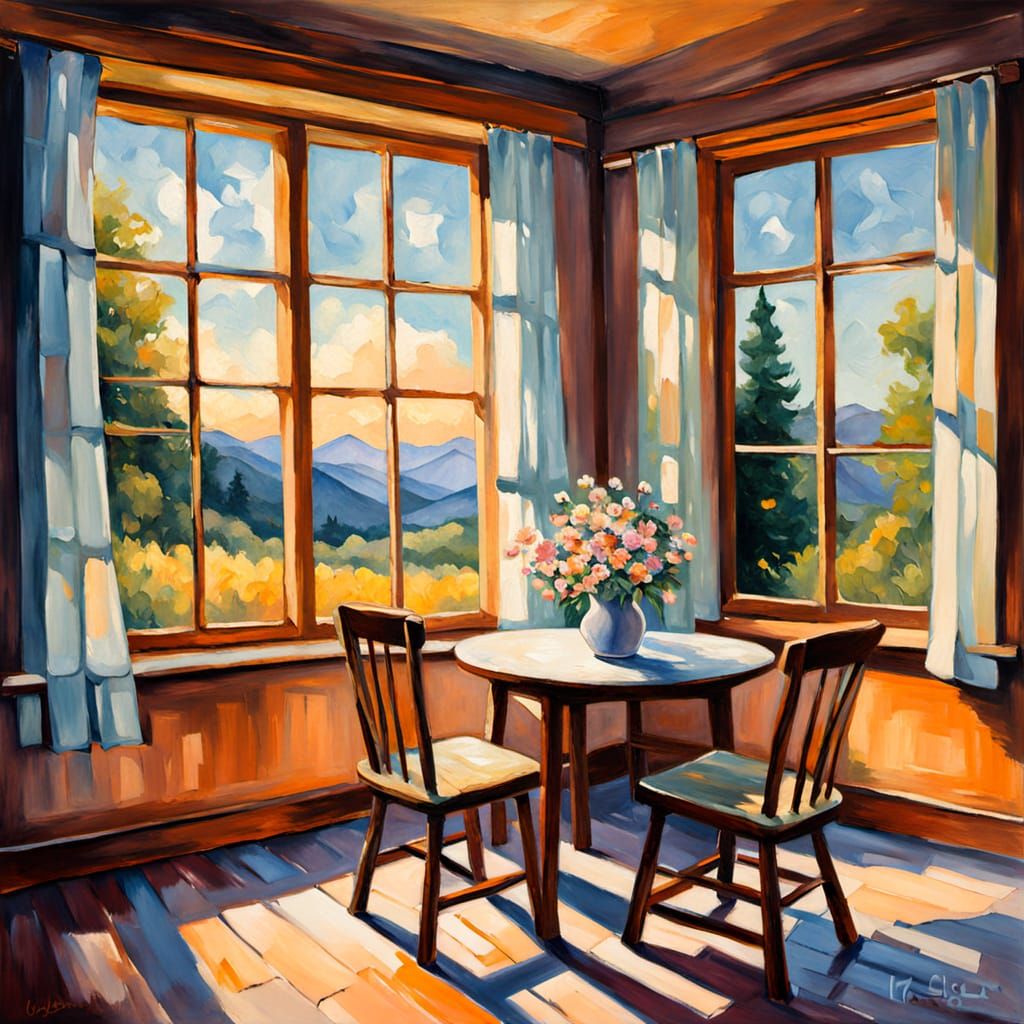 Rustic Cabin Kitchen Table with Wildflowers Oil Painting