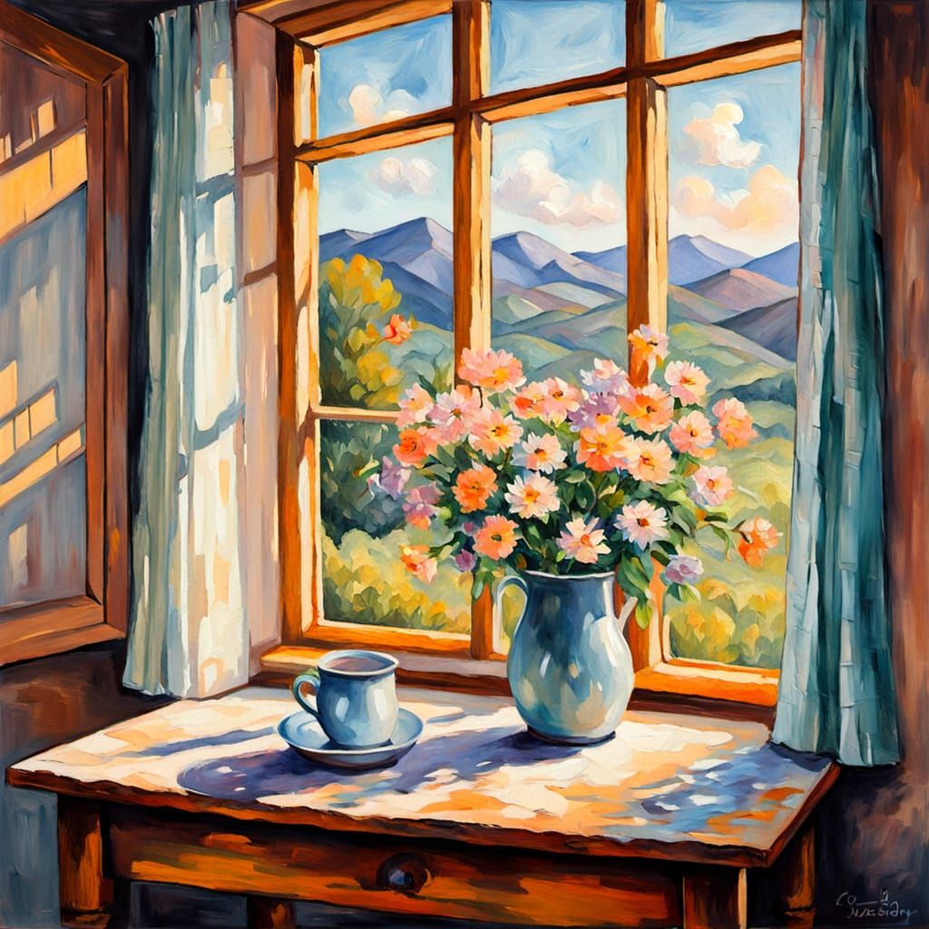 Rustic Cabin Kitchen Table with Flowers, Painterly Style