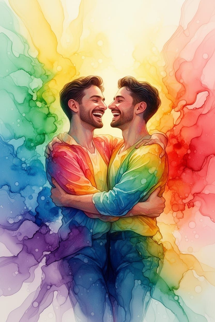 Joyful Pride Celebration: Gay Couple in Vibrant Alcohol Ink ...