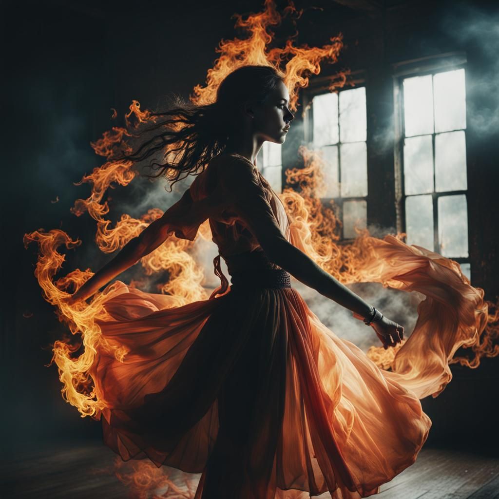 Fiery Dance: Double Exposure Fantasy Art
