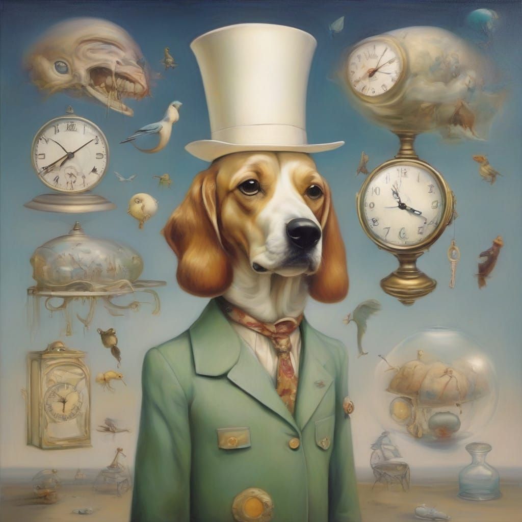 Canine Nurse Amidst Melting Clocks in Surrealist Oil Paintin...