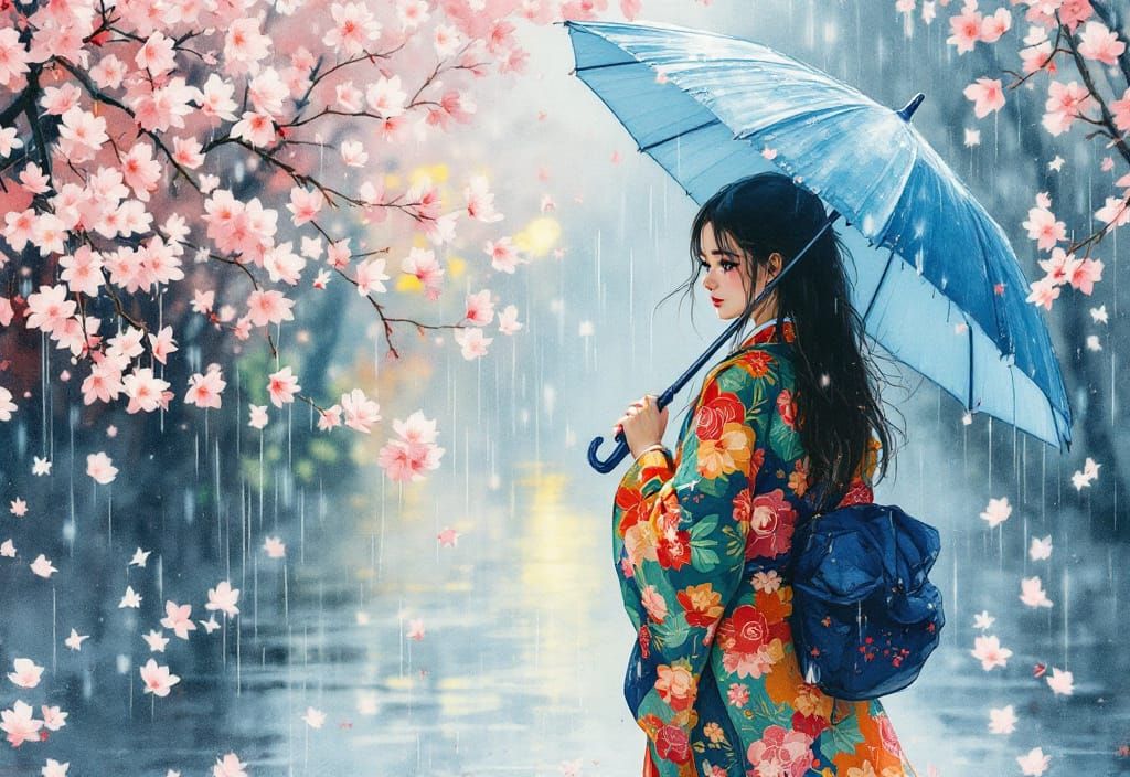 Girl in Kimono with Umbrella: Impressionist Watercolor