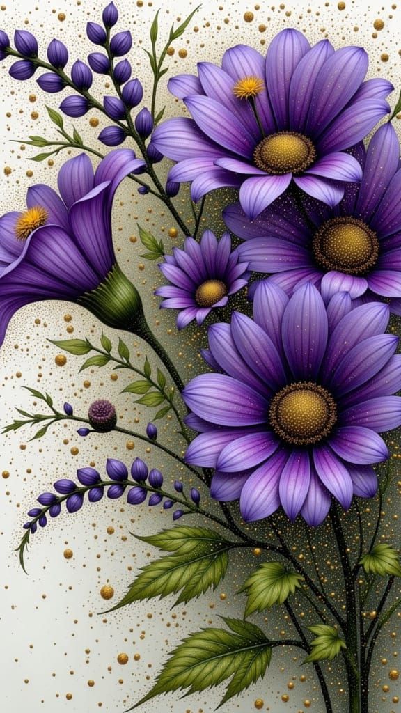 Purple Flowers in Pointillist Style Close-Up