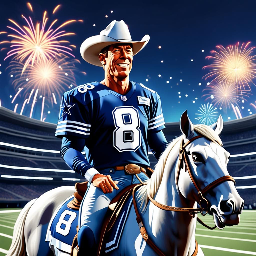 Cartoon Troy Aikman Rides into Cowboys Stadium