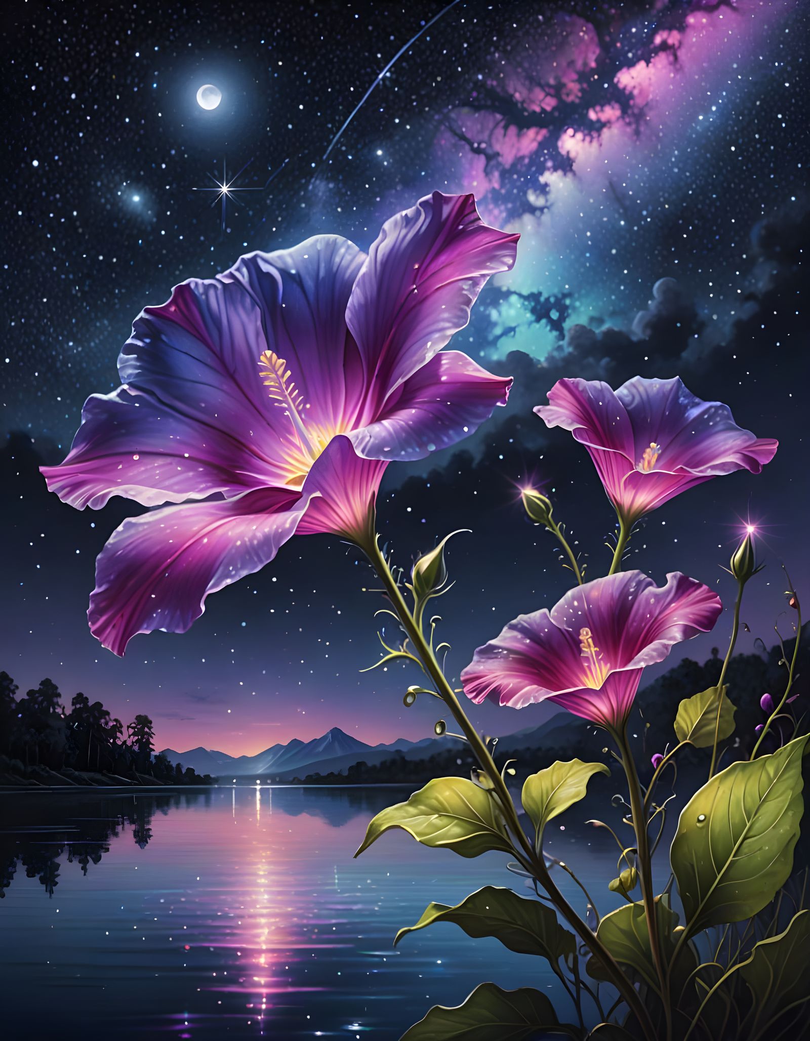 Ethereal Cosmic Morning Glory Blooms Under Luminous Night Sk...