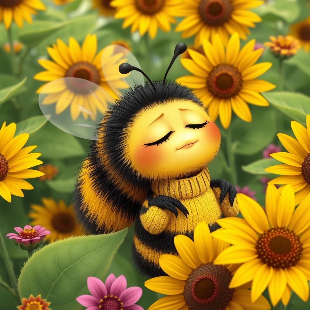 Sleepy Bumblebee in Sunflower Field: Disney-Pixar Cartoon