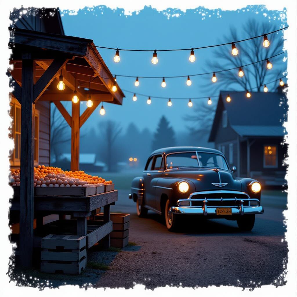 Cinematic Farmstand at Dusk with Vintage Car