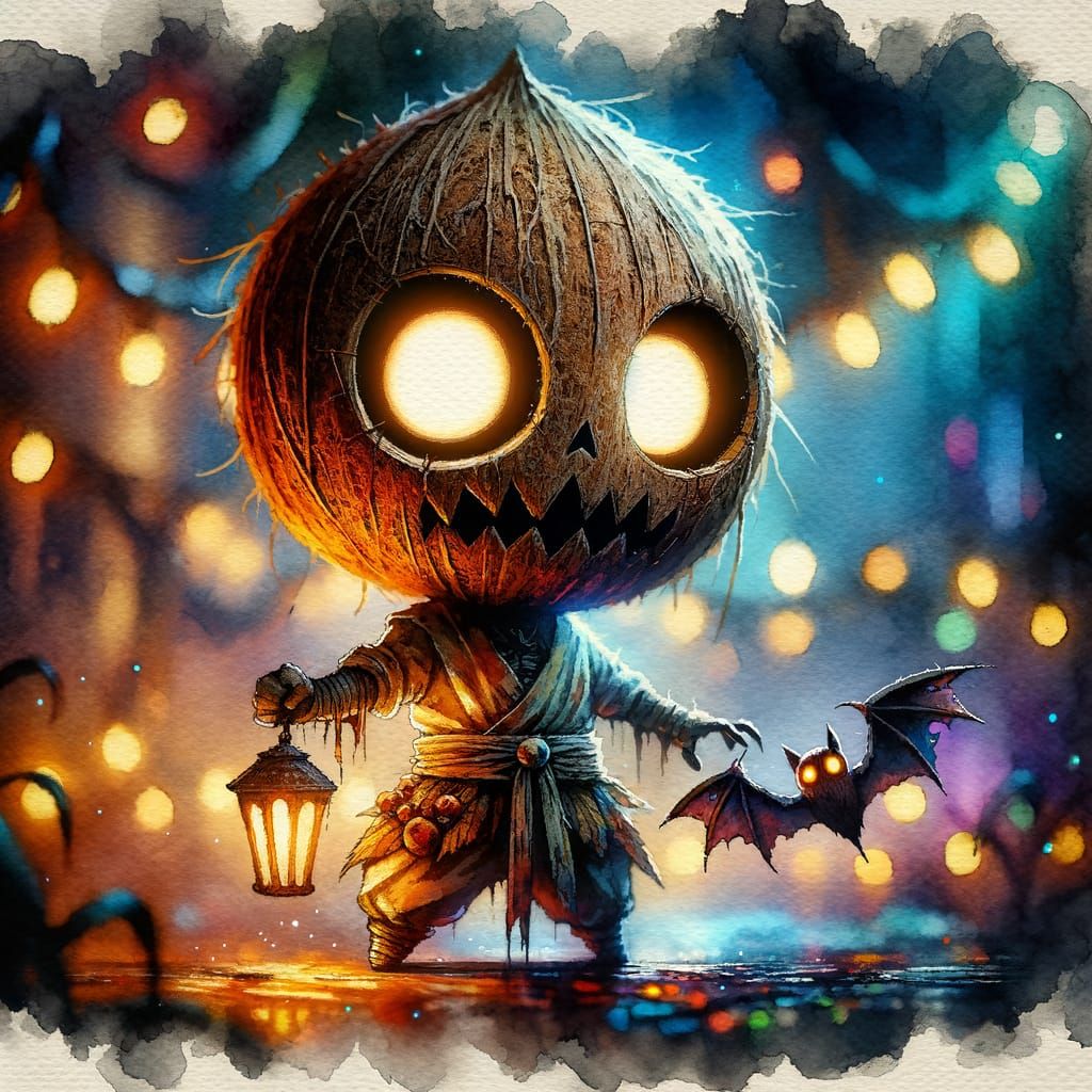 Undead Coconut Character in Watercolor Style