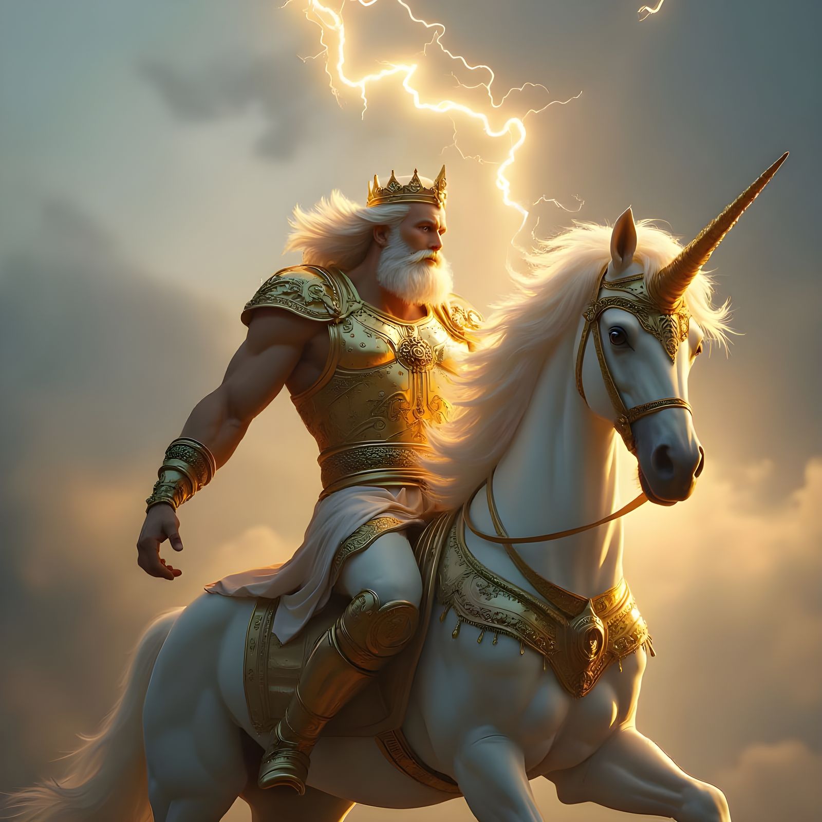Zeus, Greek God, Rides Unicorn, Shoots Lightning