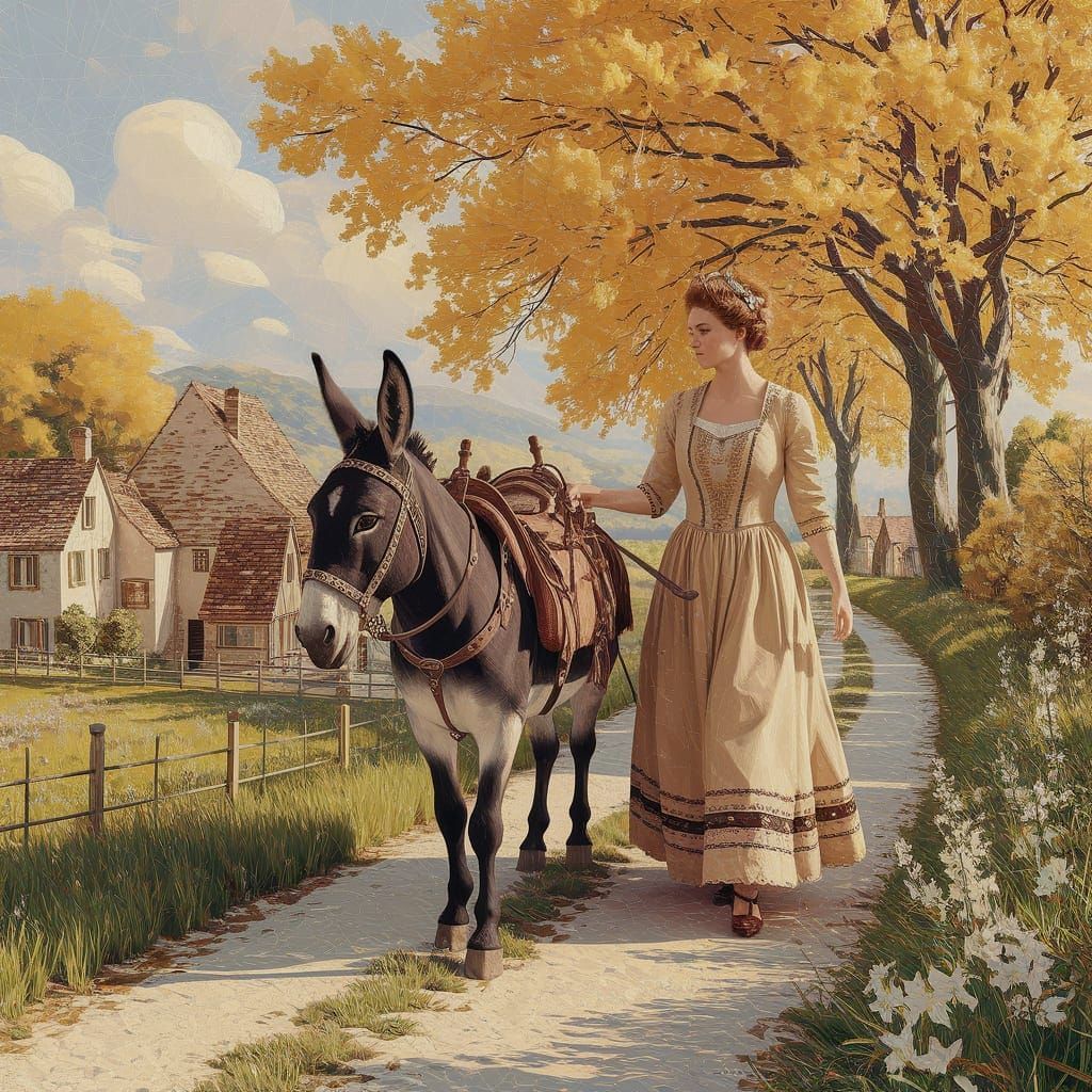 Pointillism Painting of Woman Leading Donkey Past Village