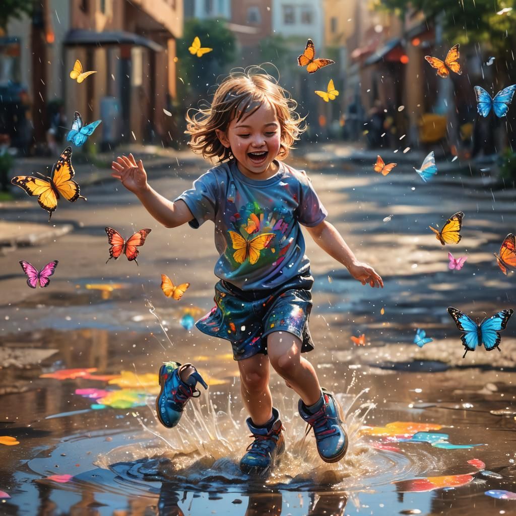 Child Dances in Sunlit Puddle: Hyperrealistic Art