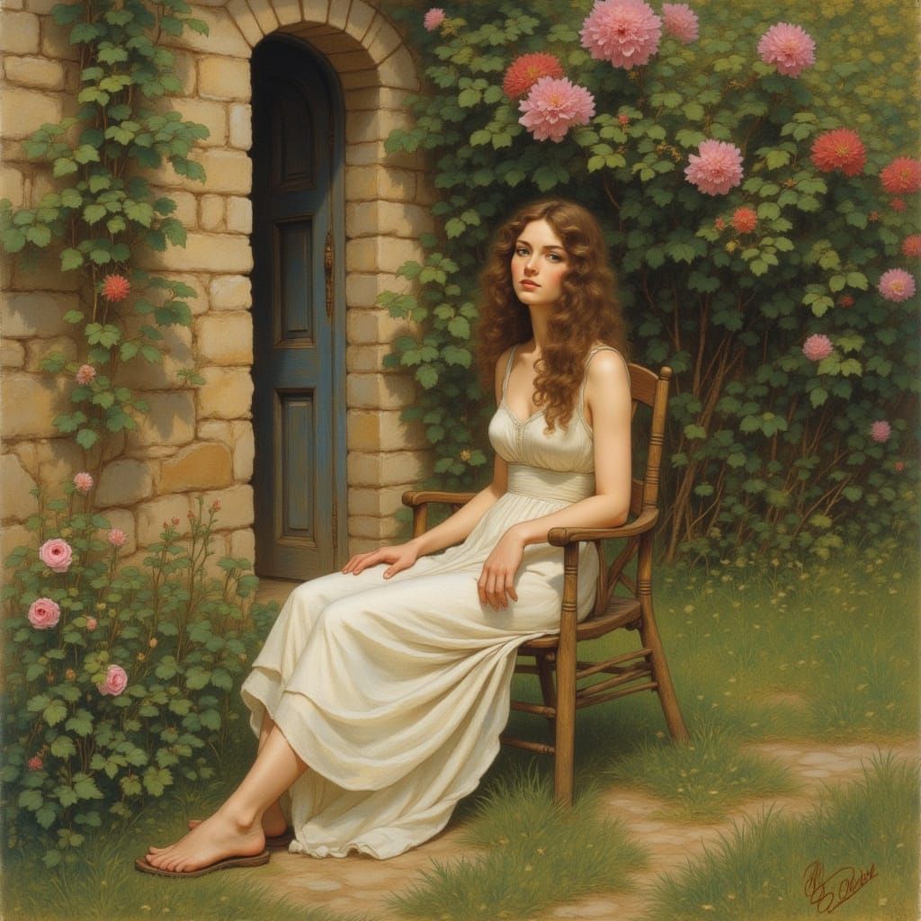 Classical Oil Painting of Woman in Countryside
