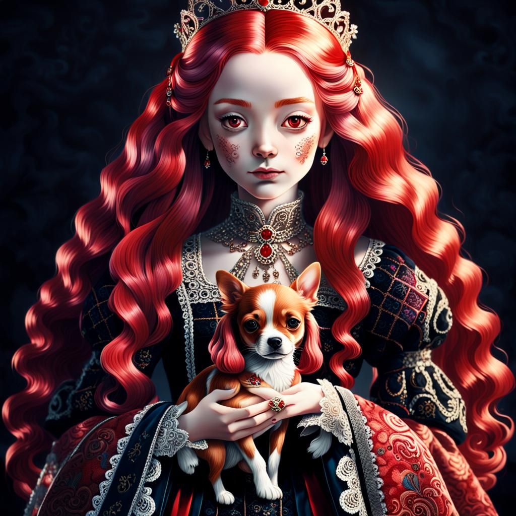 Crimson Queen Portrait with Decorative Dog