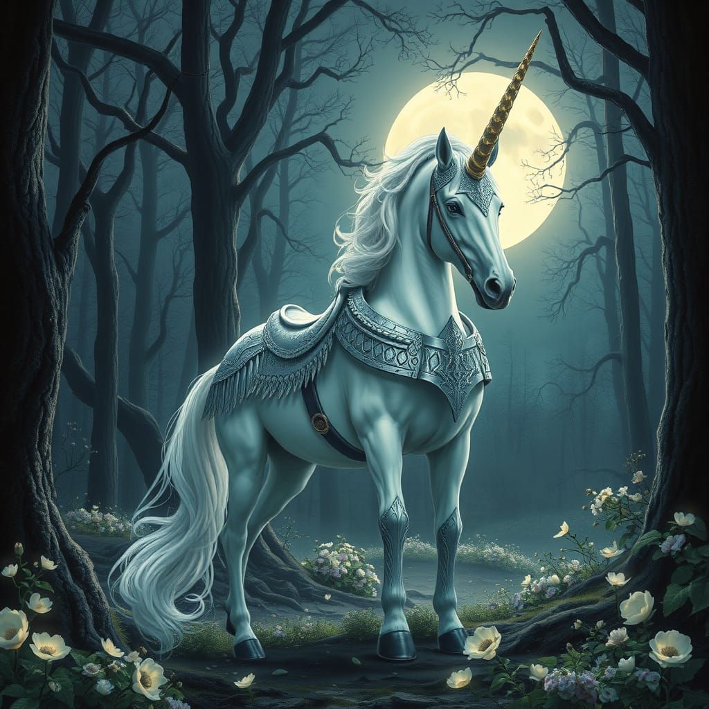 Ethereal Unicorn in Moonlit Forest, Inspired by Art Nouveau ...